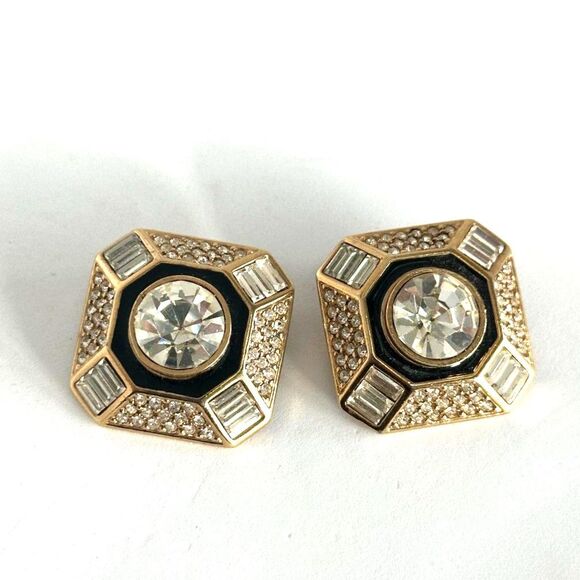 Vintage Jewelry - Designer 1980's Black Enamel & White Crystal Rhinestone Clip Earrings